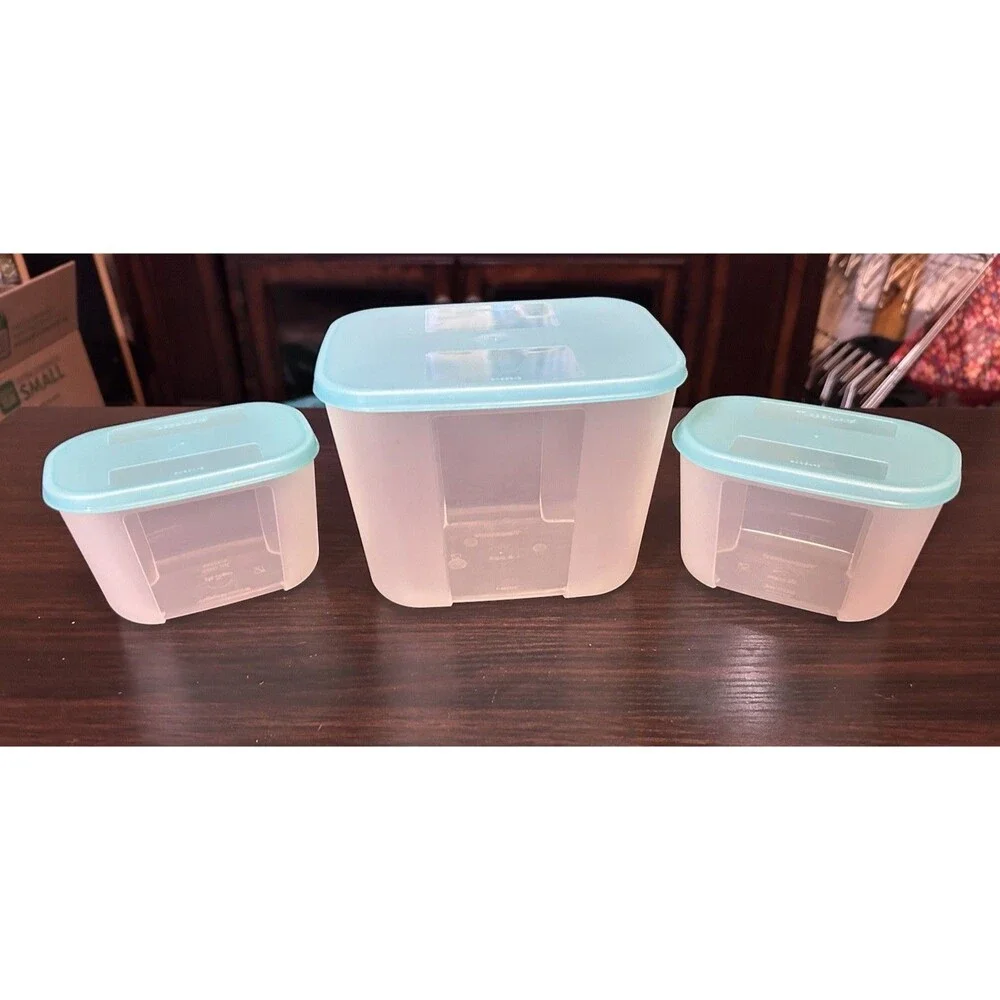 Set Of 3 Tupperware Freezer Mates 5 Cup & Two Mini 300mL Containers Aqua W/ Lids